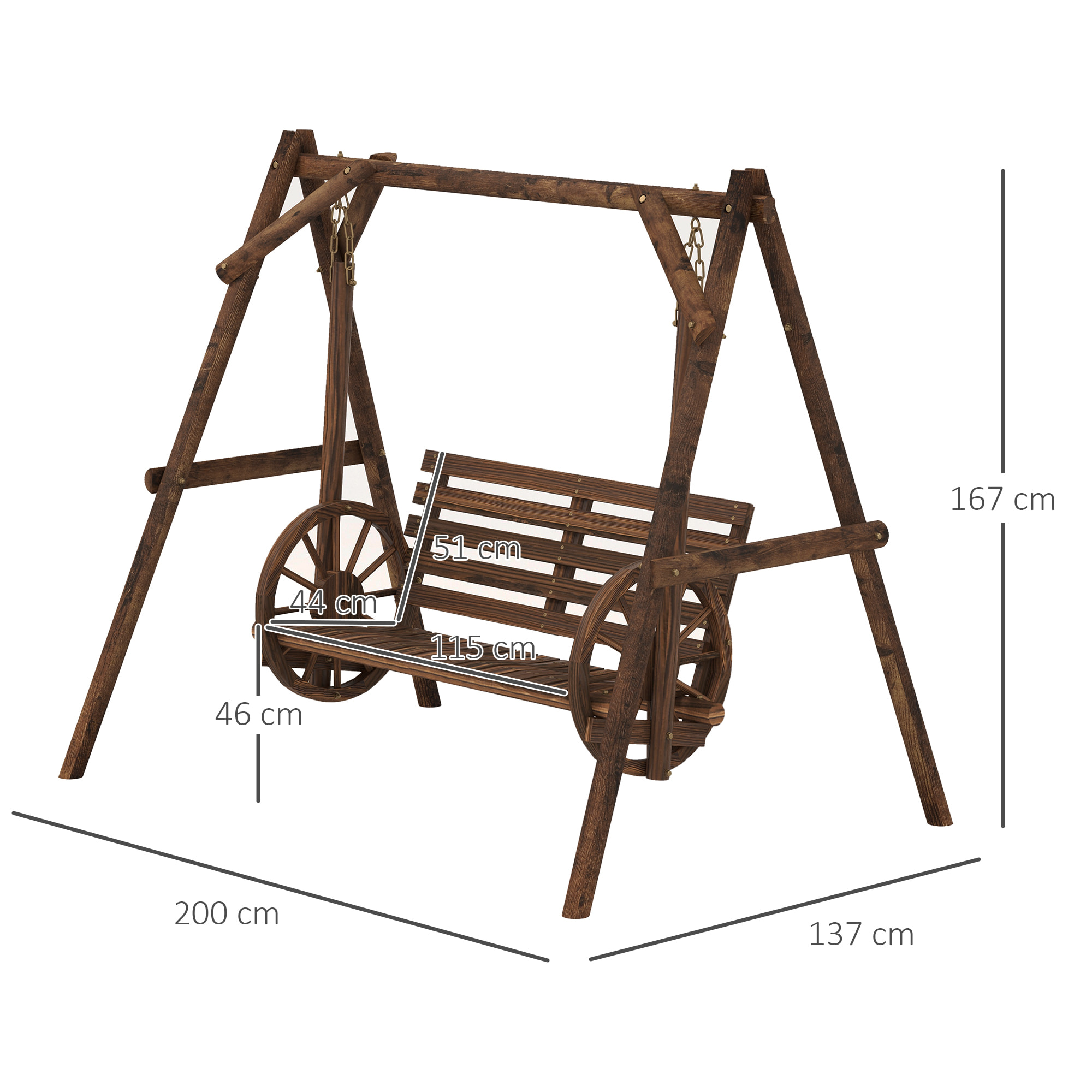 Balancelle de jardin 2 places style western - accoudoirs roues charrette - bois sapin traité carbonisation