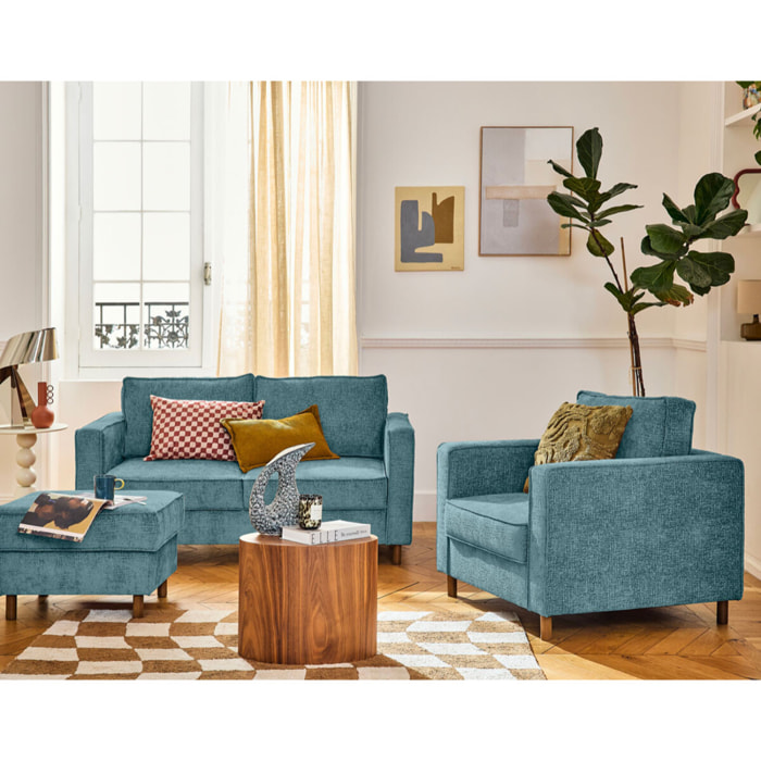 Jake - pouf en tissu velours relief - pieds en bois foncé - Bleu