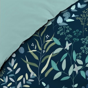 Parure de lit 3 pièces 100% coton à motif végétal housse + taies - Bleu