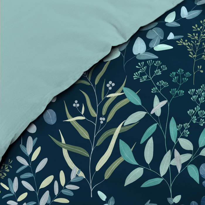Parure de lit 3 pièces 100% coton à motif végétal housse + taies - Bleu