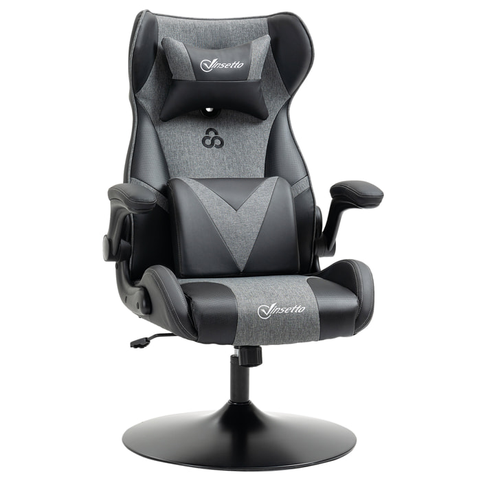 Fauteuil gaming base ronde métal pivotante 360° hauteur réglable tétière coussin lombaires accoudoirs relevables PU tissu gris noir