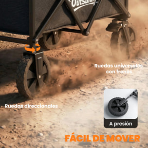 Carro Playa con Ruedas Grandes Bloqueables, Carro de Jardín Plegable con Mango Ajustable, Portavasos y Marco de Metal, Carga 80 kg, Carrito Transporte para Jardín, Campaña, Compras, Negro