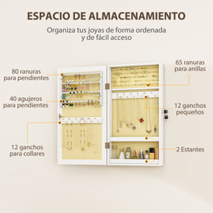 Espejo Joyero de Pared Armario para Joyas con Cerradura y Varios Compartimentos Montar en Pared o Puerta para Pendiente Collar Anillo Pulsera Blanco y Forro Crema