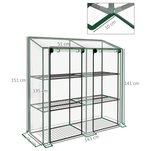 Invernadero de Jardín de 3 Niveles Invernadero de Terraza con Estantes Techo Inclinado y 2 Puertas con Cremallera para Cultivo de Plantas en Patio 143x46x141/151 cm Transparente