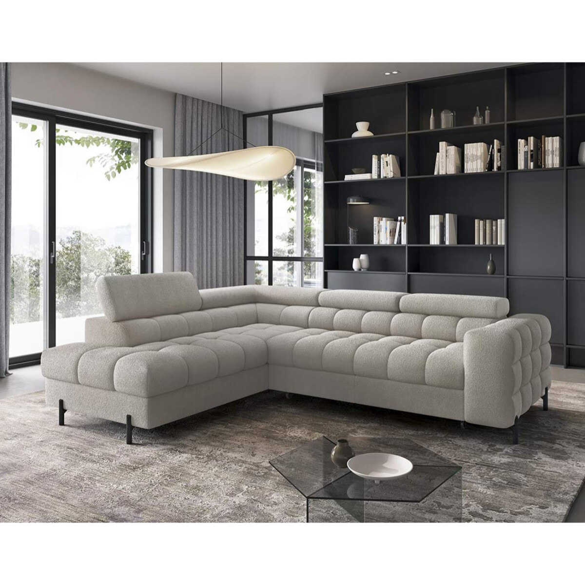 Elisa - canapé d'angle gauche 5 places convertible avec coffre et têtières réglables en tissu bouclette - Taupe