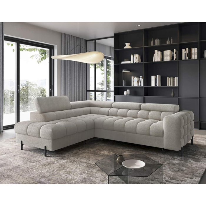 Elisa - canapé d'angle gauche 5 places convertible avec coffre et têtières réglables en tissu bouclette - Taupe