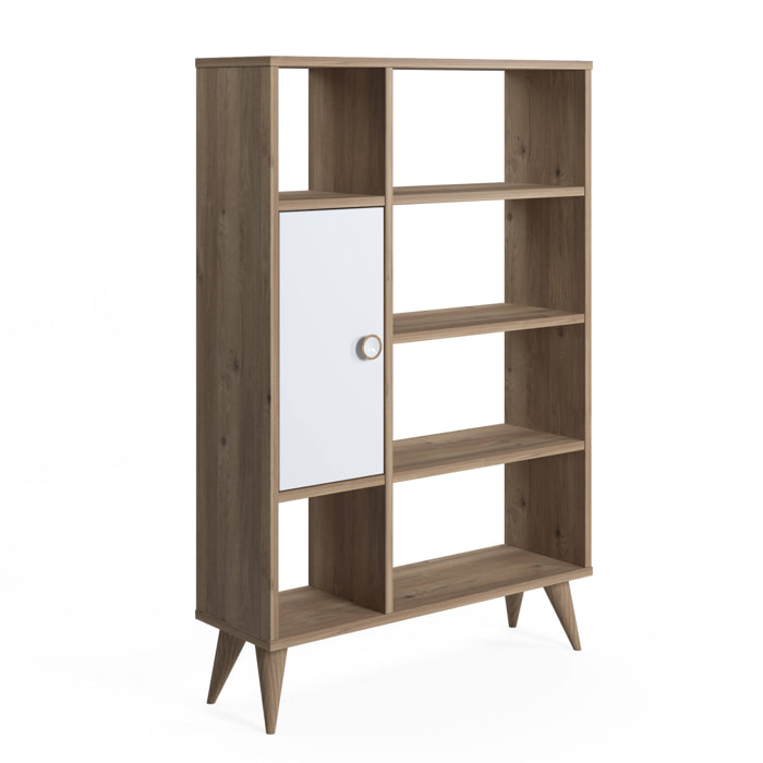 Libreria essenziale con sei scomparti aperti e un'anta battente, cm 80 x 25 x 121, colore quercia con dettaglio bianco