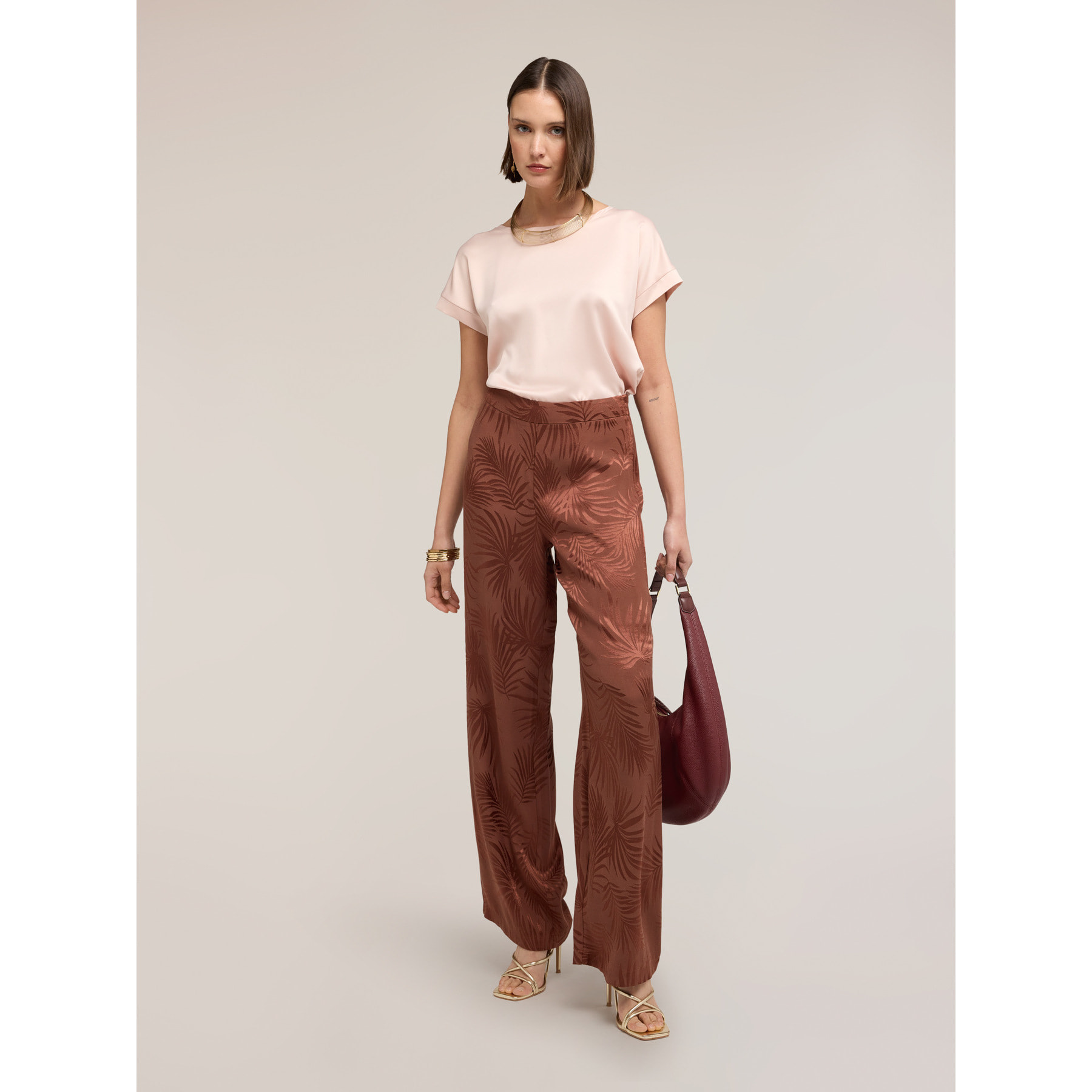Motivi - Pantalones palazzo en raso jacquard - Marrón
