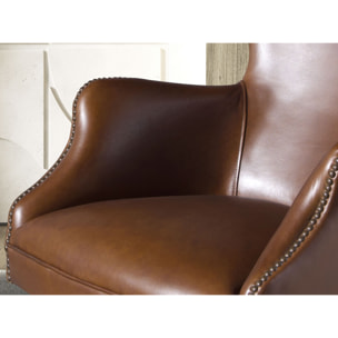 Sillón giratorio con asiento y respaldo tapizado en piel de origen vacuno en marrón oscuro patas en acero inoxidable oscurecido 64x74x90cm