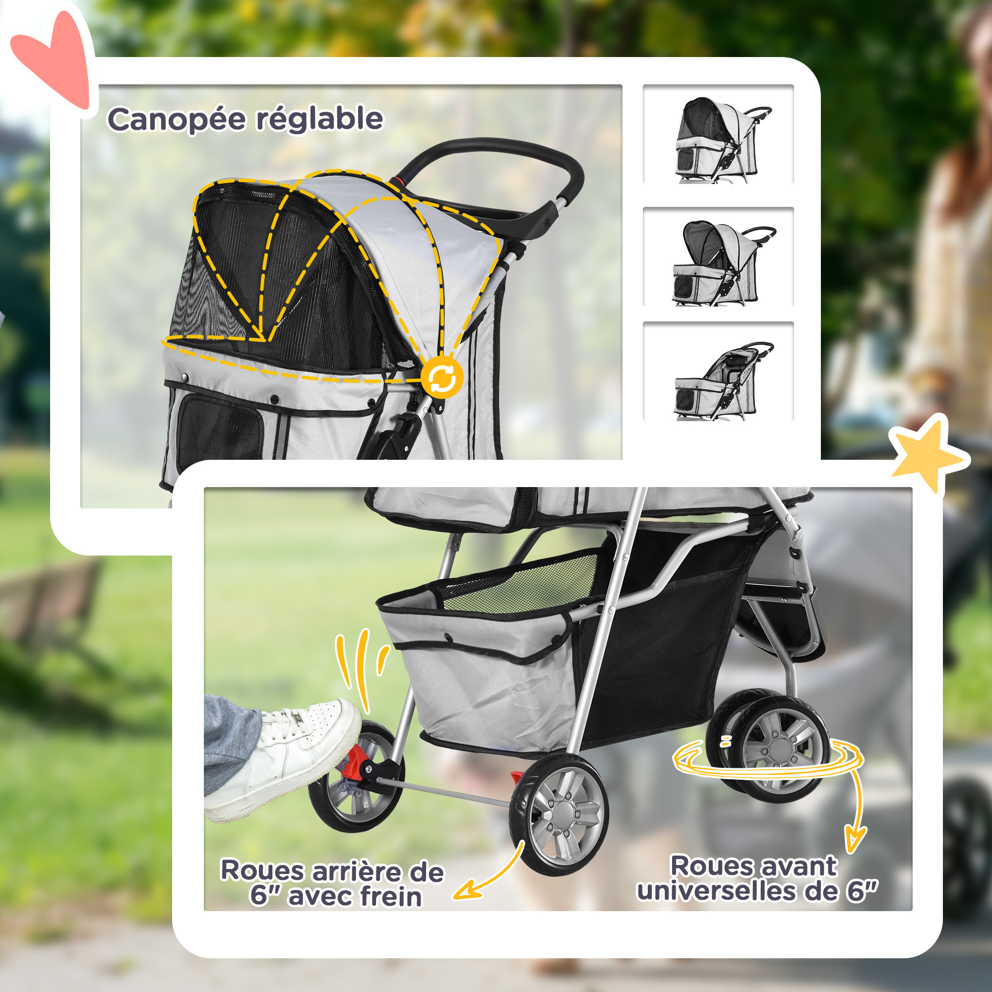 Poussette buggy pliable animaux chariot pliant chien chat porte-gobelet panier de rangement inclus roues avec frein tissu 600D Oxford métal gris