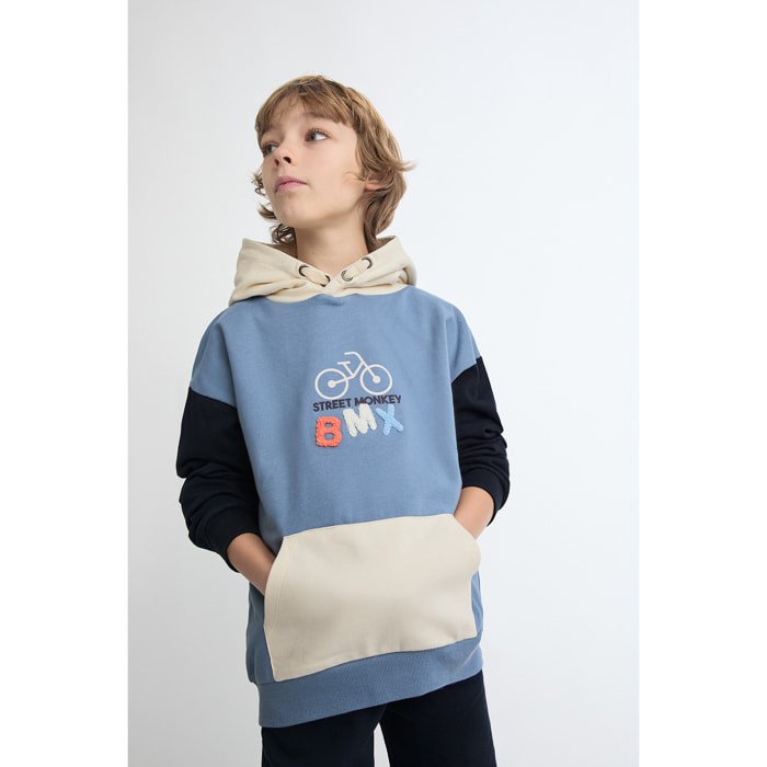 Conjunto niño sudadera con capucha azul marino y beige y pantalón jogger, estampado estilo BMX | Color: Marino | Street Monkey