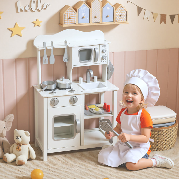Cocina de Juguete de Madera con Sonido, Cocinita Infantil con Accesorios, Fregadero, Microondas y Fogón, Juguetes para Niños a Partir de 3 Años, 55x24x86 cm, Blanco