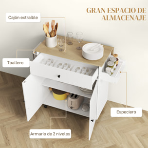 Isla de Cocina con Ala Abatible Carrito de Cocina Mueble Auxiliar de Cocina con Ruedas 2 Puertas Cajón Especiero Toallero y Estante Ajustable 106x42x87 cm Blanco y Roble