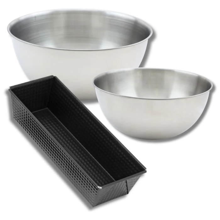 Lot de pâtisserie avec 1 Moule à Cake 30,5 cm, 1 spatule Zenker et 2 bols à mixer en inox Fackelmann