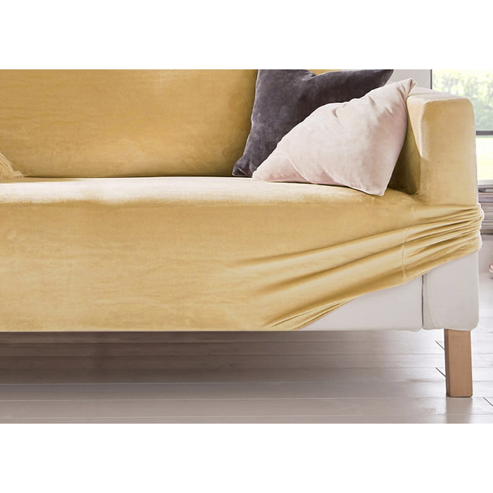 Copridivano 2 Posti Elasticizzato In Tinta Unita Effetto Velluto Modello Morbidissimo Colore Oro