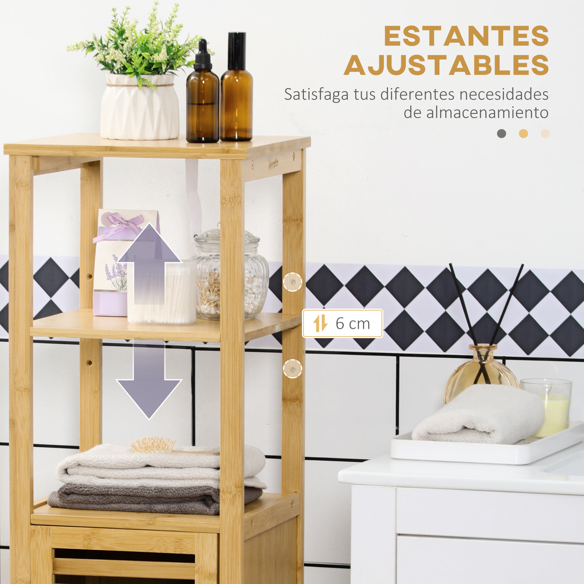 Armario Auxiliar de Baño de Bambú Estantería de Baño con 2 Estantes Abiertos y Puerta de Rejilla para Ducha Salón 32,9x29,9x120 cm Natural