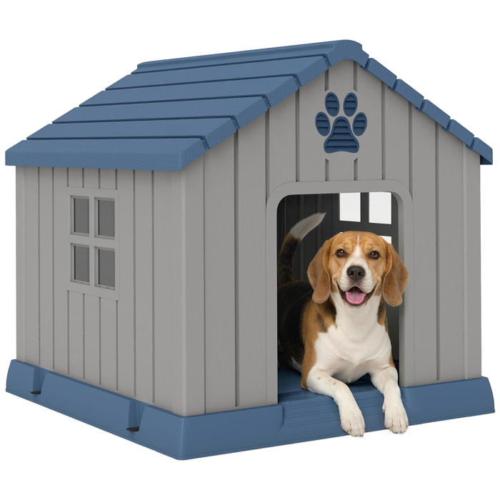 PawHut Caseta para Perros Exterior, Casa para Perros Medianos de Plástico Impermeable con 2 Ventanas, Base Elevada, Estacas, Fácil de Montar, para Jardín y Patio, 85x79x82 cm, Gris