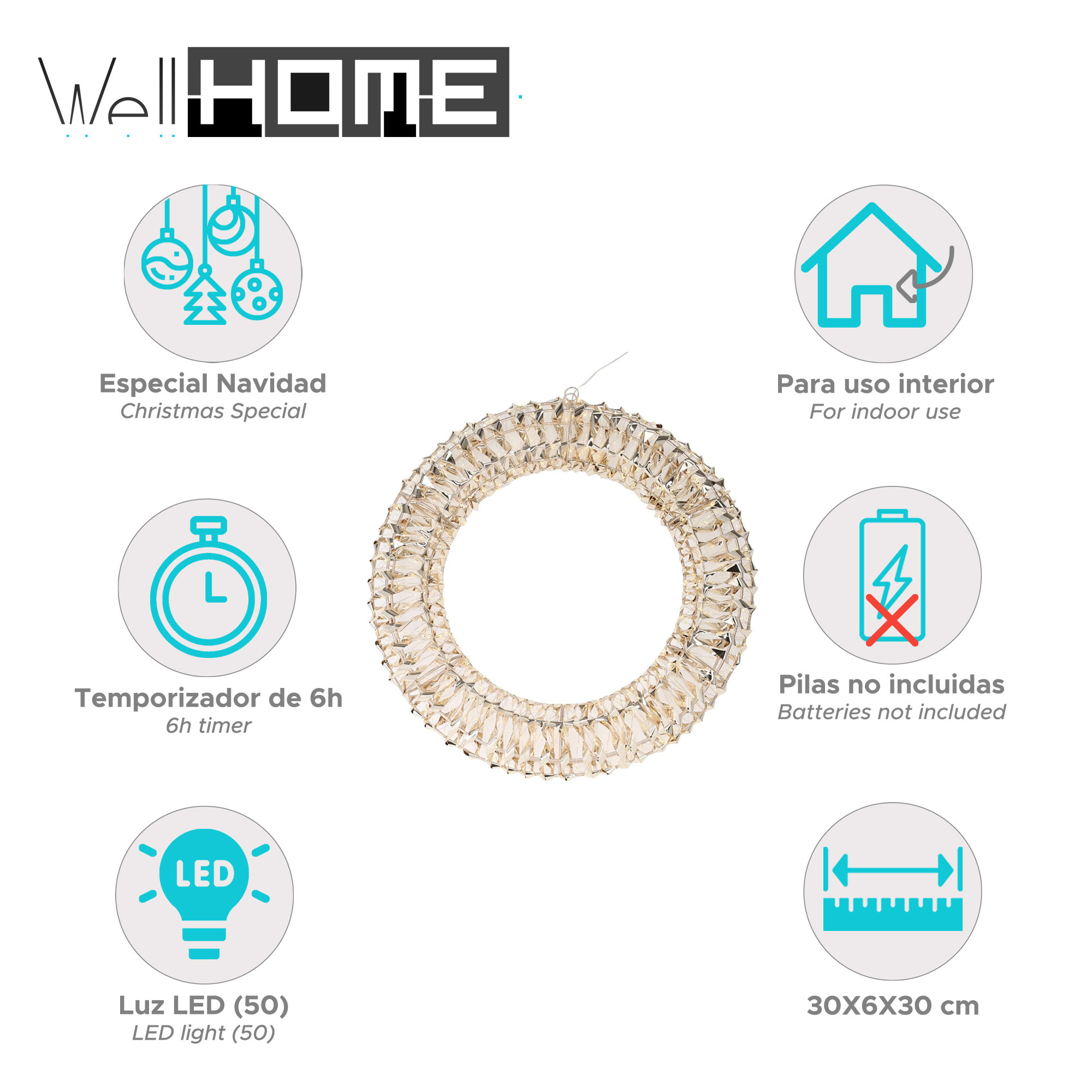 corona decorativa navideña con 50 micor luces led en blanco cálido 30cm