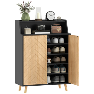 Zapatero de 2 Puertas en Espiga, Zapatero Entrada Recibidor con Estantes Ajustables, Compartimento Abierto y Patas de Madera, para 15 Pares de Zapatos, 75x35x104 cm, Negro y Natural