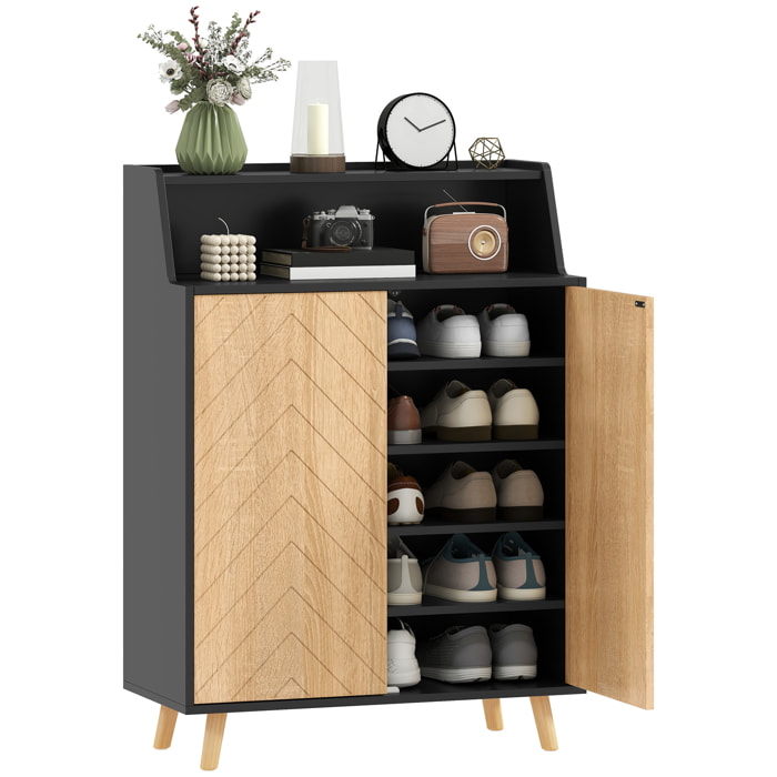 Zapatero de 2 Puertas en Espiga, Zapatero Entrada Recibidor con Estantes Ajustables, Compartimento Abierto y Patas de Madera, para 15 Pares de Zapatos, 75x35x104 cm, Negro y Natural
