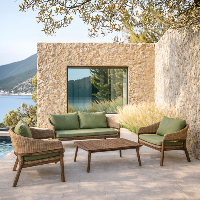 Salon de jardin foncé en bois d'acacia et résine tressée kaki 4 places ALHAMBRA