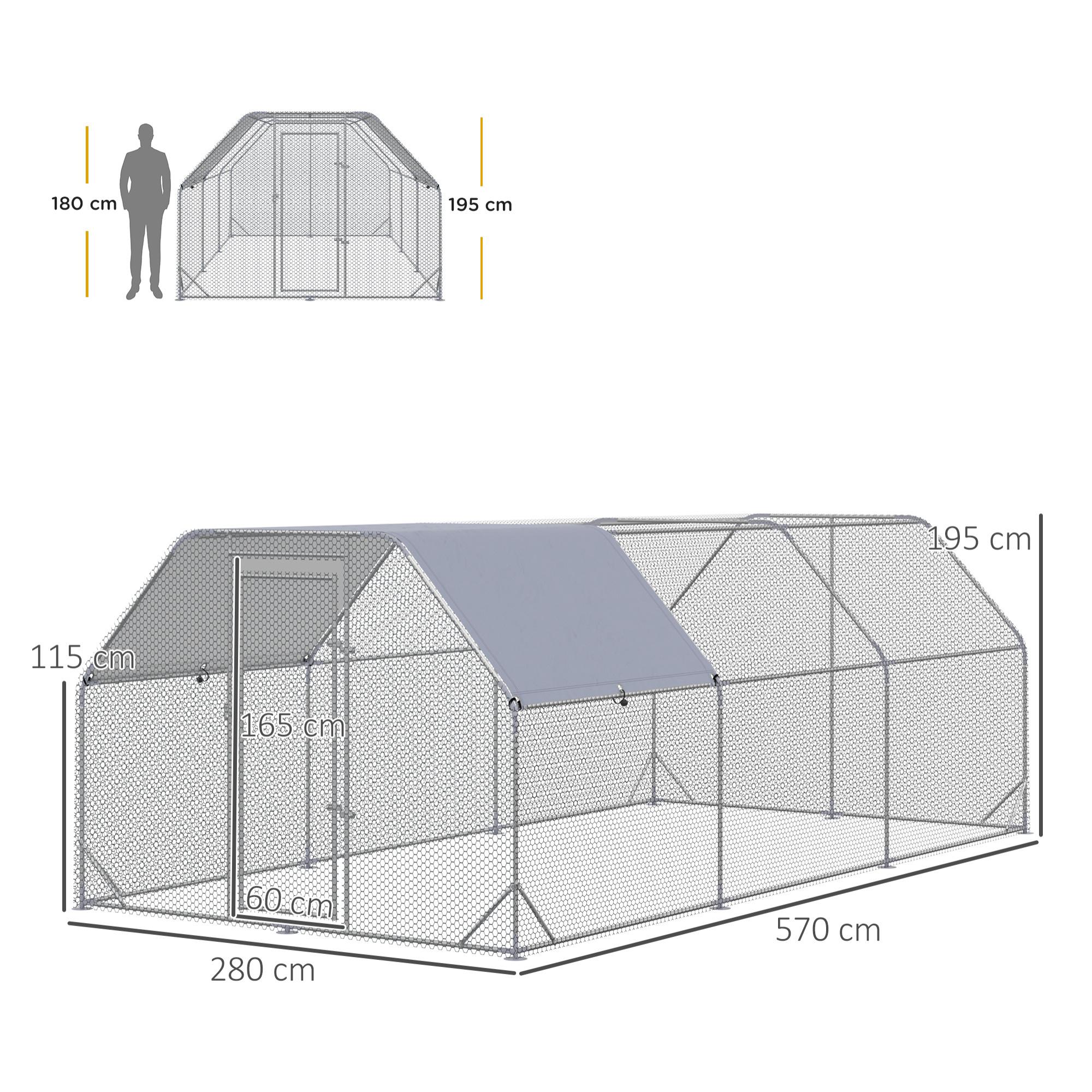 Gallinero para Exterior Grande de Acero Galvanizado 280x570x195 cm Jaula de Aves de 3 Habitaciones Cubierta de Tela Oxford Resistente a los Rayos UV e Impermeable para Patio Plata