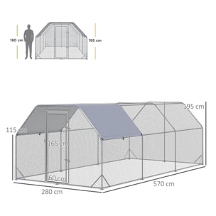 Gallinero para Exterior Grande de Acero Galvanizado 280x570x195 cm Jaula de Aves de 3 Habitaciones Cubierta de Tela Oxford Resistente a los Rayos UV e Impermeable para Patio Plata