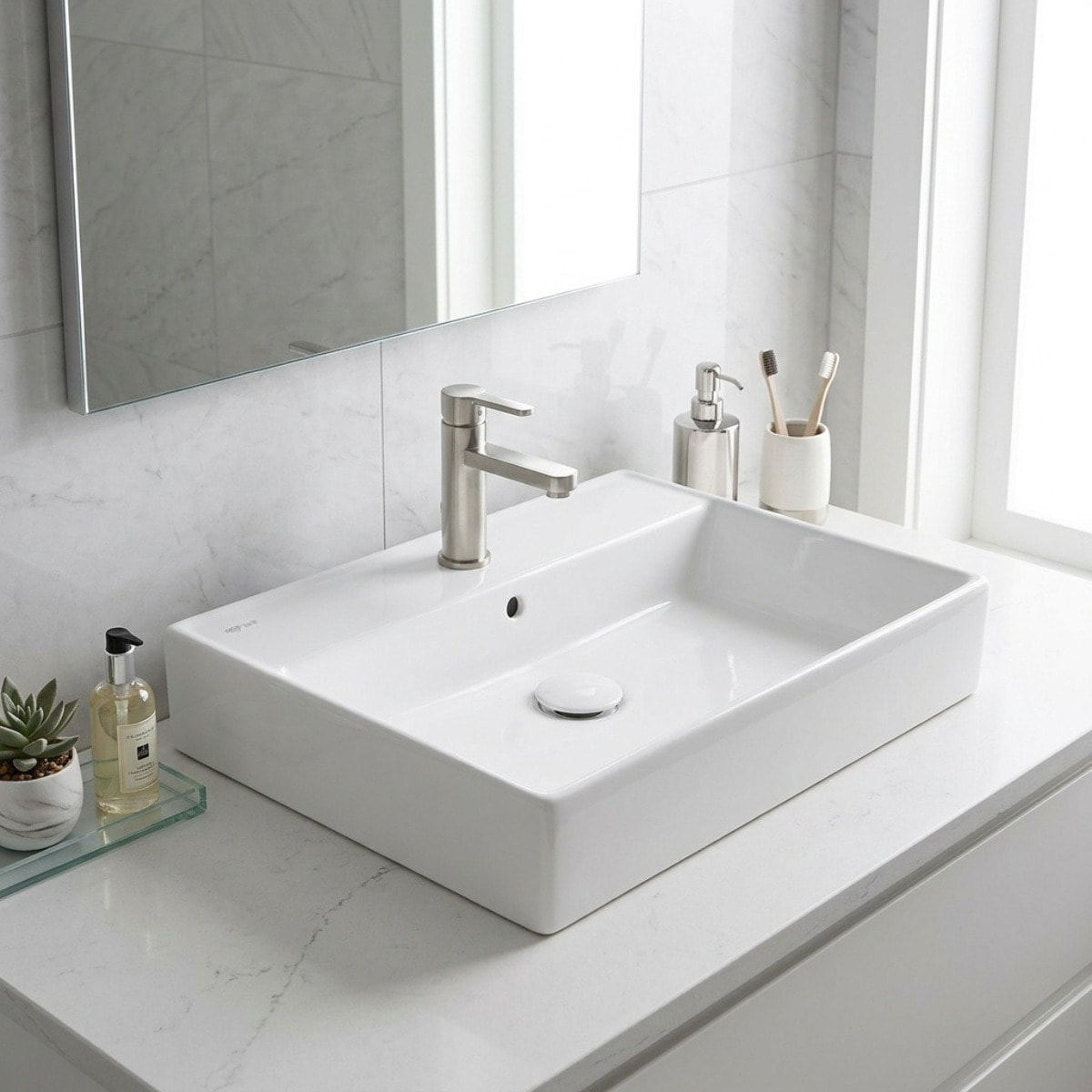 Lavabo 60,5 x 46,5 cm à suspendre ou à poser – blanc brillant – avec trop-plein et trou de robinetterie – SAT Infinitio