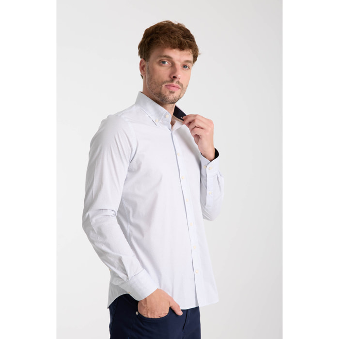 camicia uomo 1 bottone button down slim Popeline Stretch Stampato Bianco\Blu Inchiostro