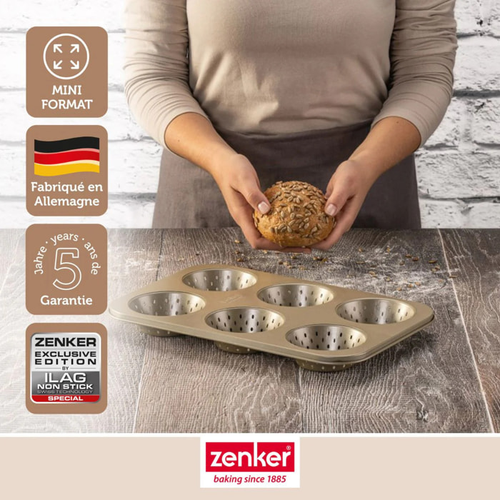 Set de pâtisserie avec 1 Moule à pain ronds 6 empreintes, 1 spatule Zenker et 2 bols à mixer en inox Fackelmann