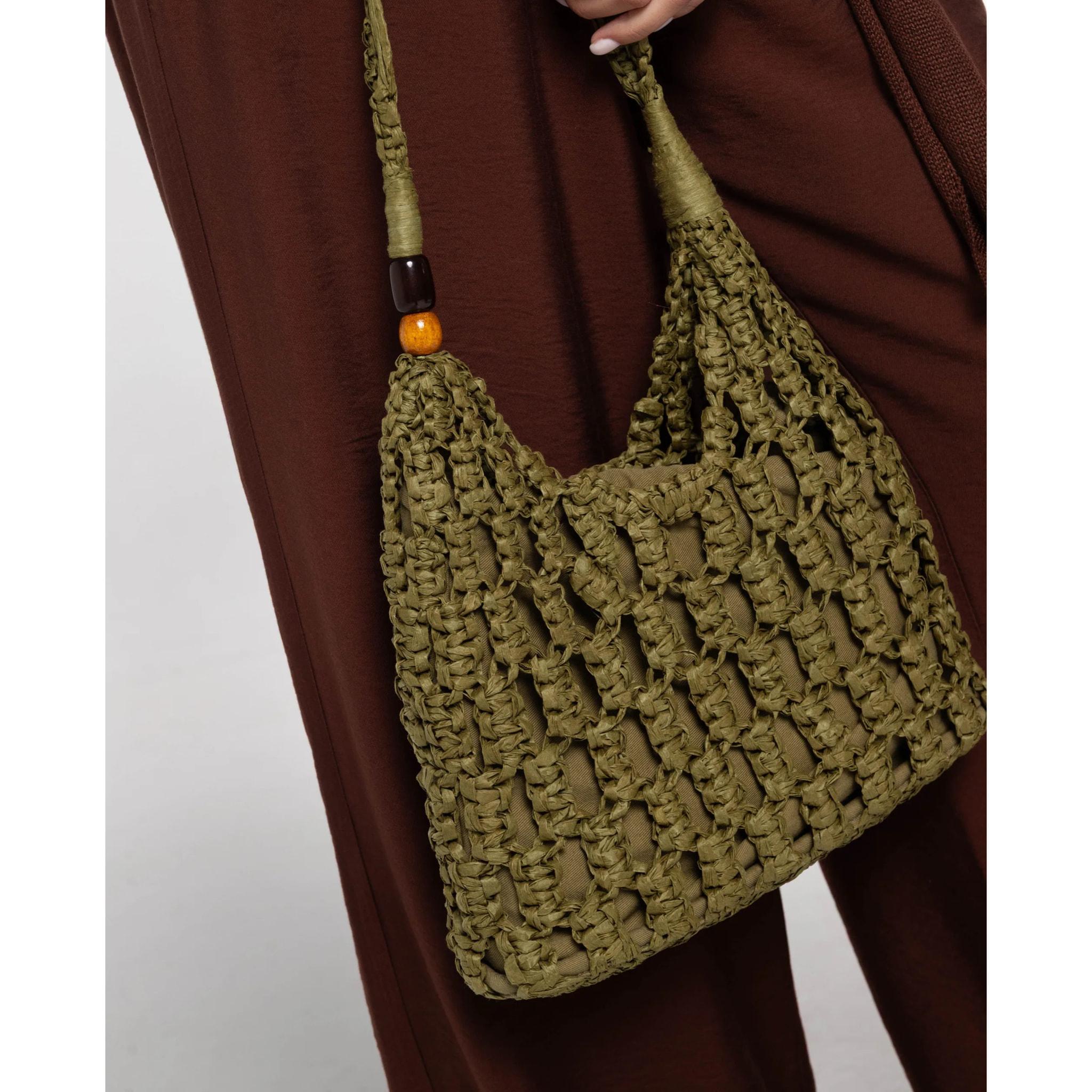 Bolso de rafia con bolso interior con cierre de frunce de mujer