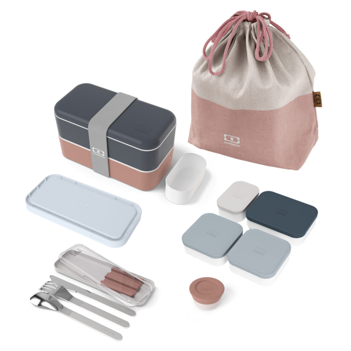 Set repas complet lunch box 2 étages 1L bleu/rose + accessoires