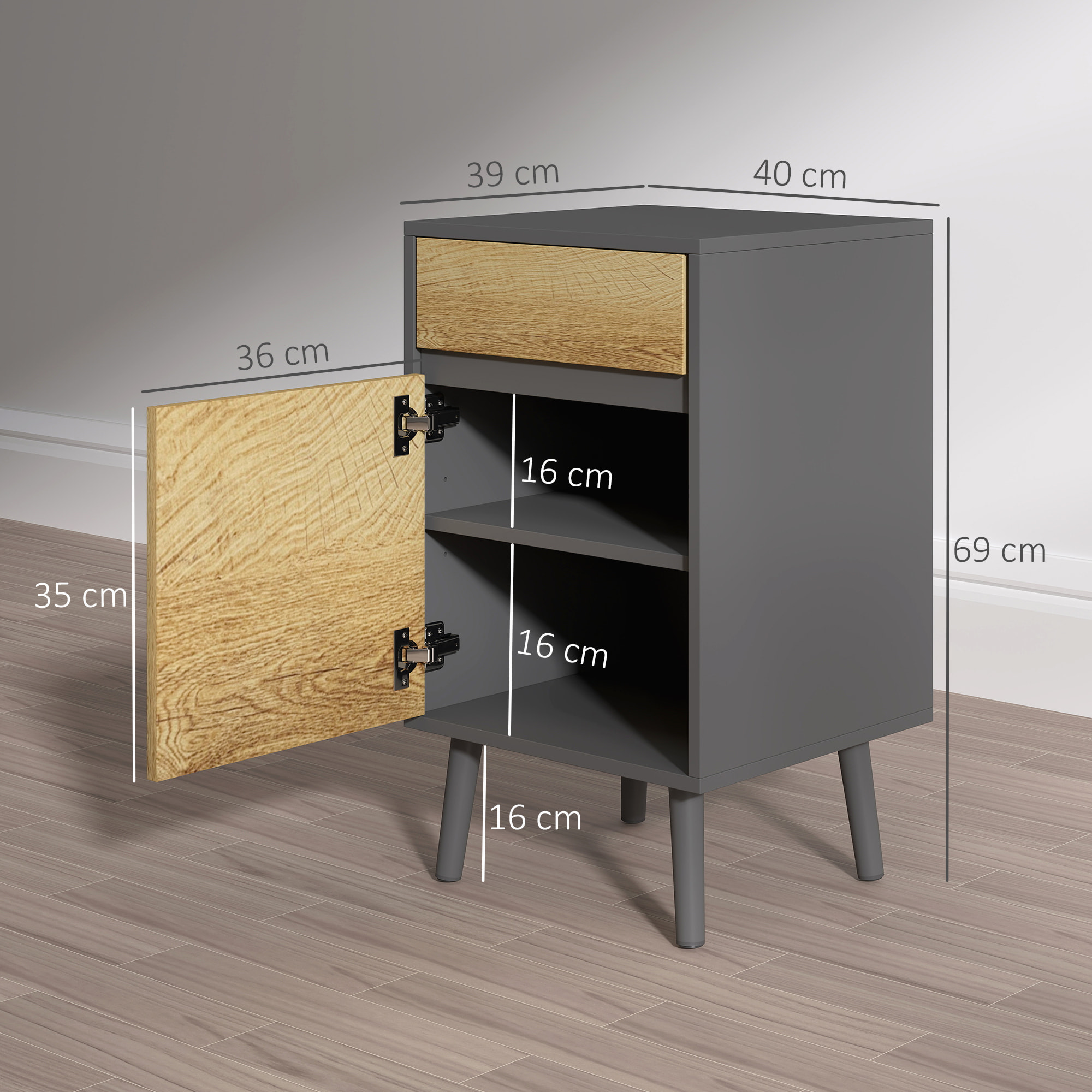 Lot de 2 chevets tables de nuit dim. 40 x 39 x 69 cm - tiroir, porte, étagère - piètement bois effet bois gris
