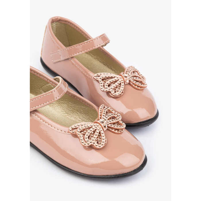Girl's Pink Patent Ballerinas With Bow Rhinestones