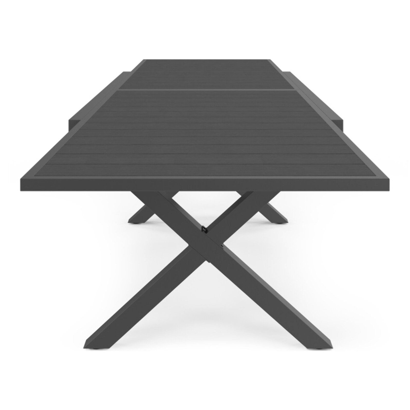 Table de jardin extensible en polywood gris anthracite et pieds croisés 135-270cm