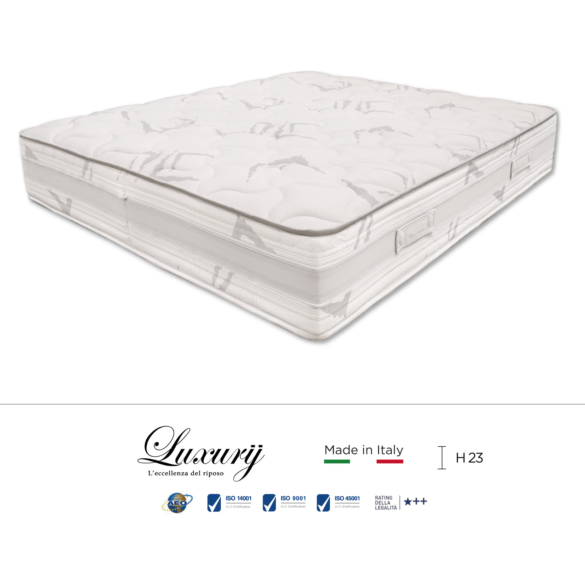 "Paestum" H23 cm 180x200 2 guanciali Memory OMAGGIO sfoderabile in schiuma poliuretanica ad alta densità e Memory Foam con cristalli di gel