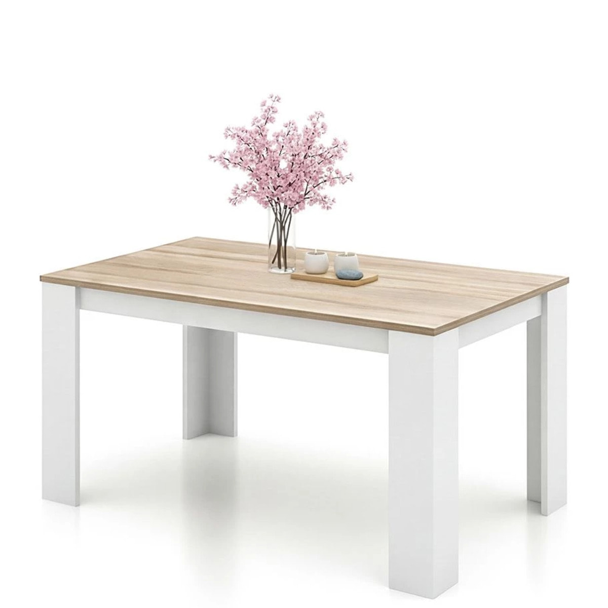 Mesa de comedor Naya en blanco artik y roble canadian 140X80 cm Blanco Artik (Blanco Mate) - Roble Canadian
