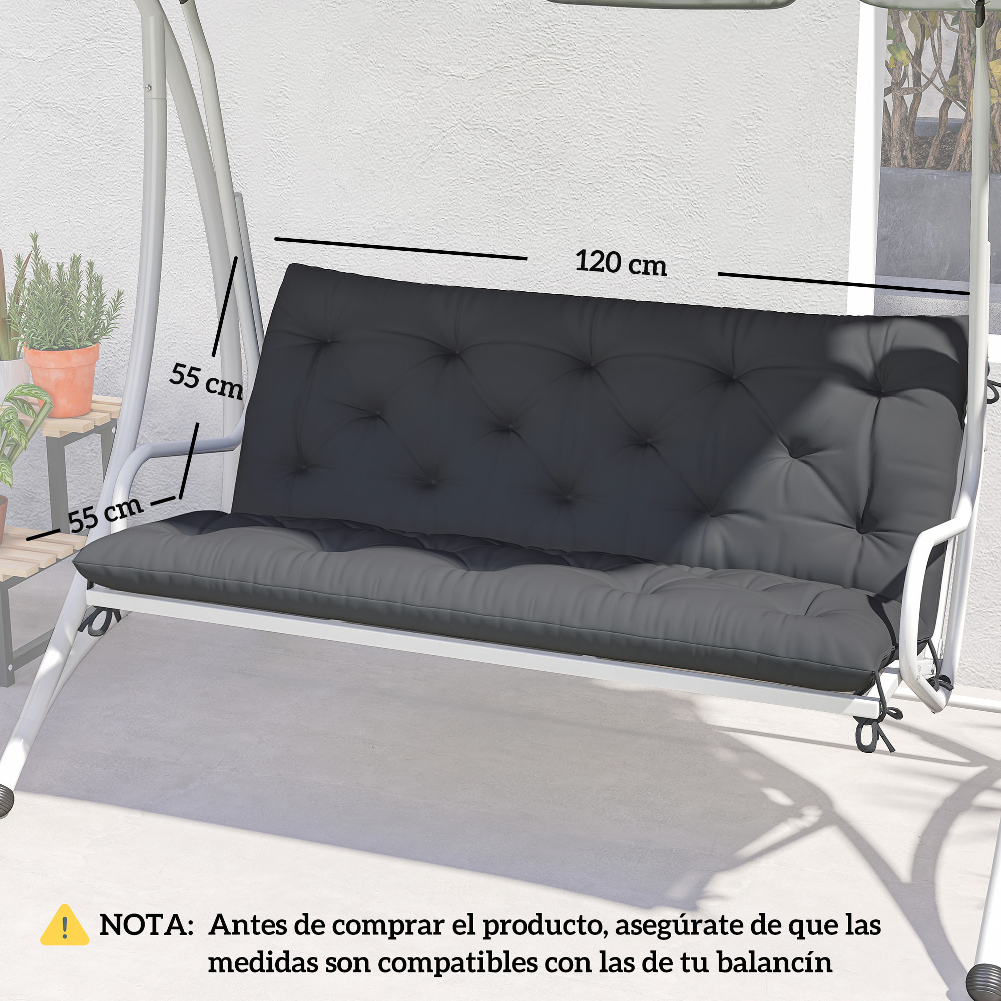 Cojín para Banco con Respaldo 120x110x12 cm Colchón de Banco de Jardín de 2 Plazas con 6 Cordones de Fijación para Columpio de Jardín Terraza Negro