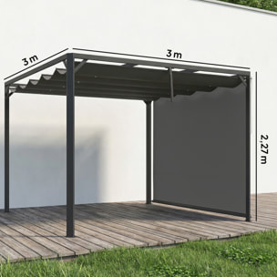 Pérgola de Jardín 3x3 m con Techo Retráctil y Pared Lateral Enrollable, Cenador de Jardín con Estructura de Aluminio, UPF30+, Pabellón para Exterior, Patio, Terraza, Gris Oscuro