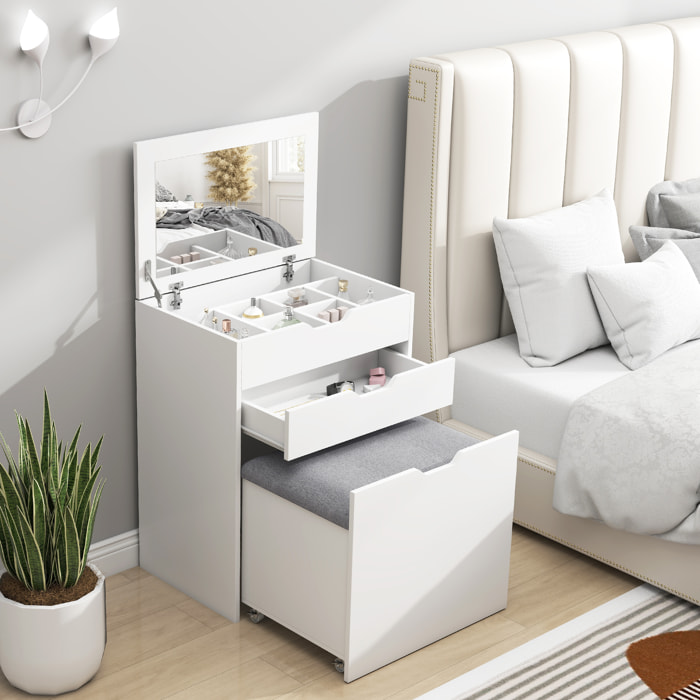Tocador de Maquillaje con Taburete Oculto y Espejo Abatible, Mesa de Maquillaje con Cajón y 7 Compartimentos, Taburete Acolchado con Almacenamiento, para Espacios Reducidos, Vestidor, Blanco