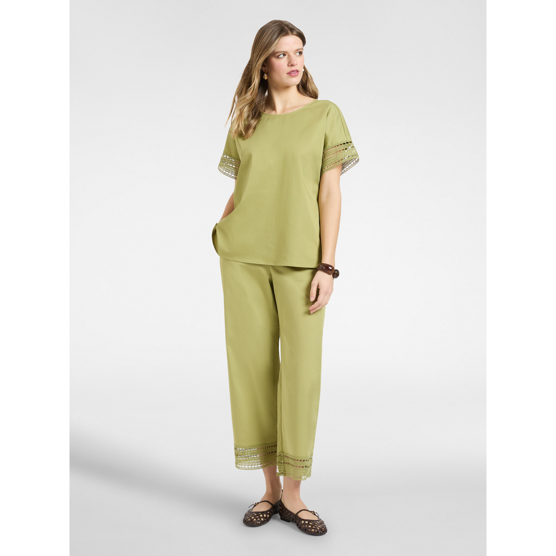 Elena Mirò - Pantalones mezcla de algodón con encaje - Verde claro