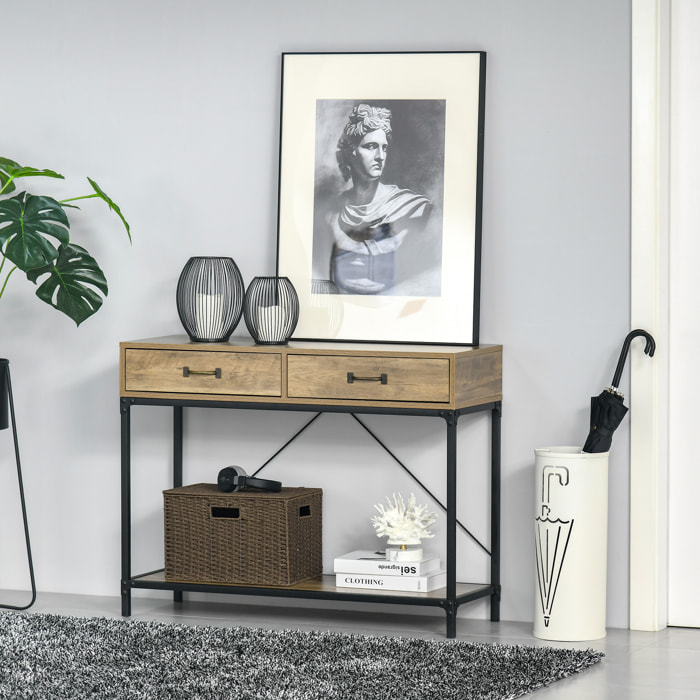 Console table d'appoint design industriel dim. 100L x 35l x 76H cm 2 tiroirs poignées laiton vieilli étagère métal noir aspect bois veinage