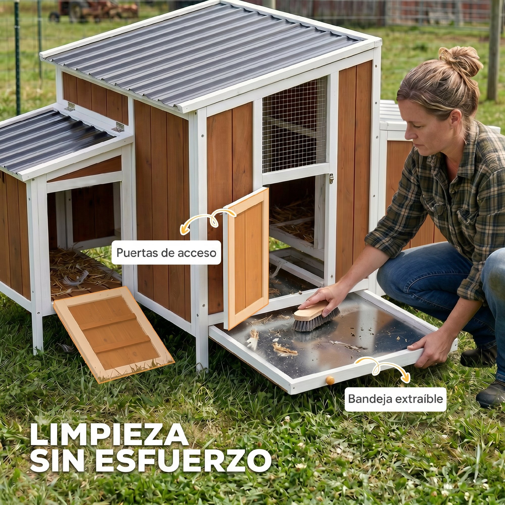 Gallinero para Exterior de Madera, 145x90x92 cm para 2-4 Gallinas, Gallinero con Nido, Casa Lateral, Bandeja Extraíble, Techo Impermeable, Puertas con Cerradura, Perchas, Conejera, Marrón Claro