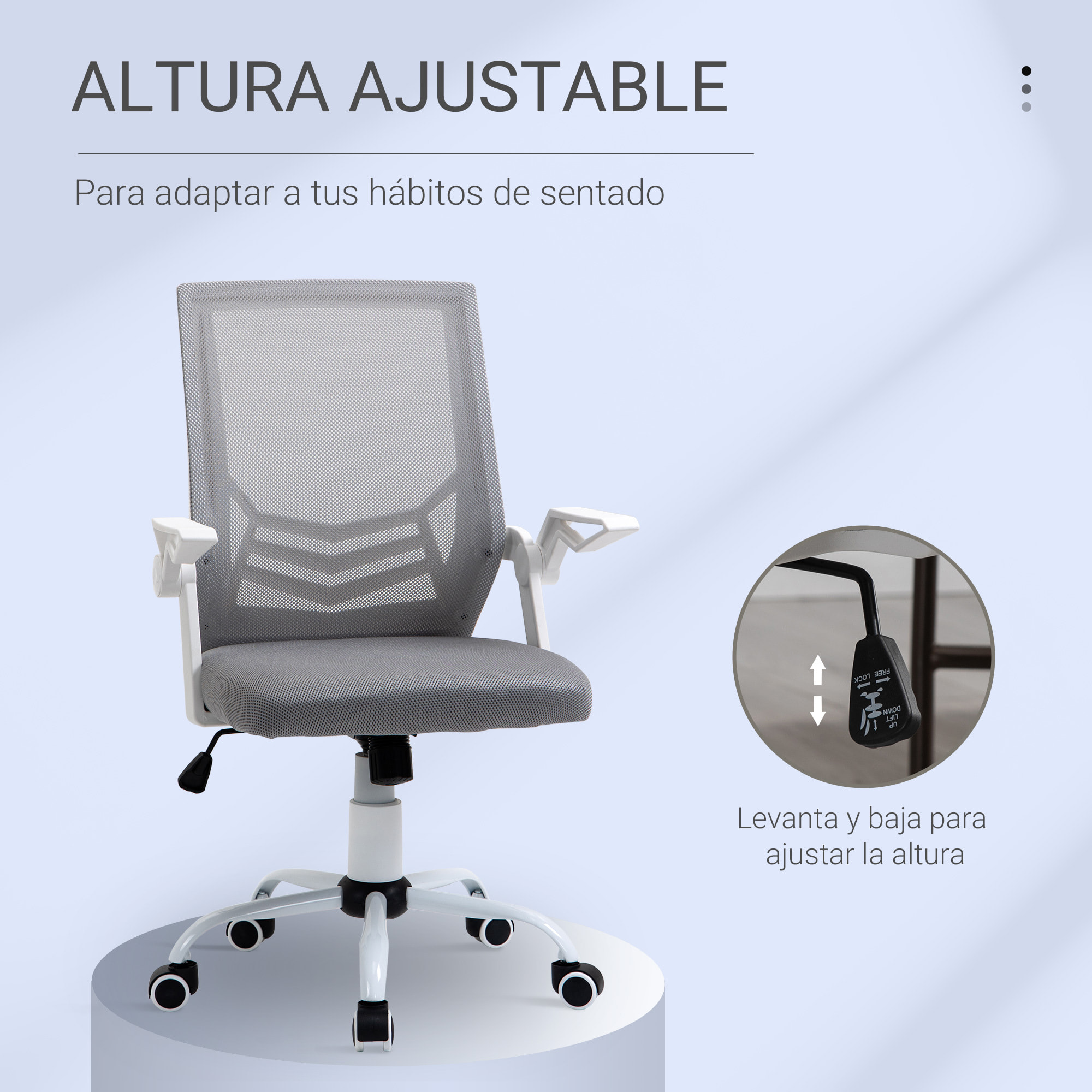 Vinsetto Silla de Oficina Ergonómica Silla Escritorio Giratoria con Altura Ajustable Reposabrazos Abatible Soporte Lumbar Transpirable para Adolescentes Adultos 62,5x55x94-104 cm Gris