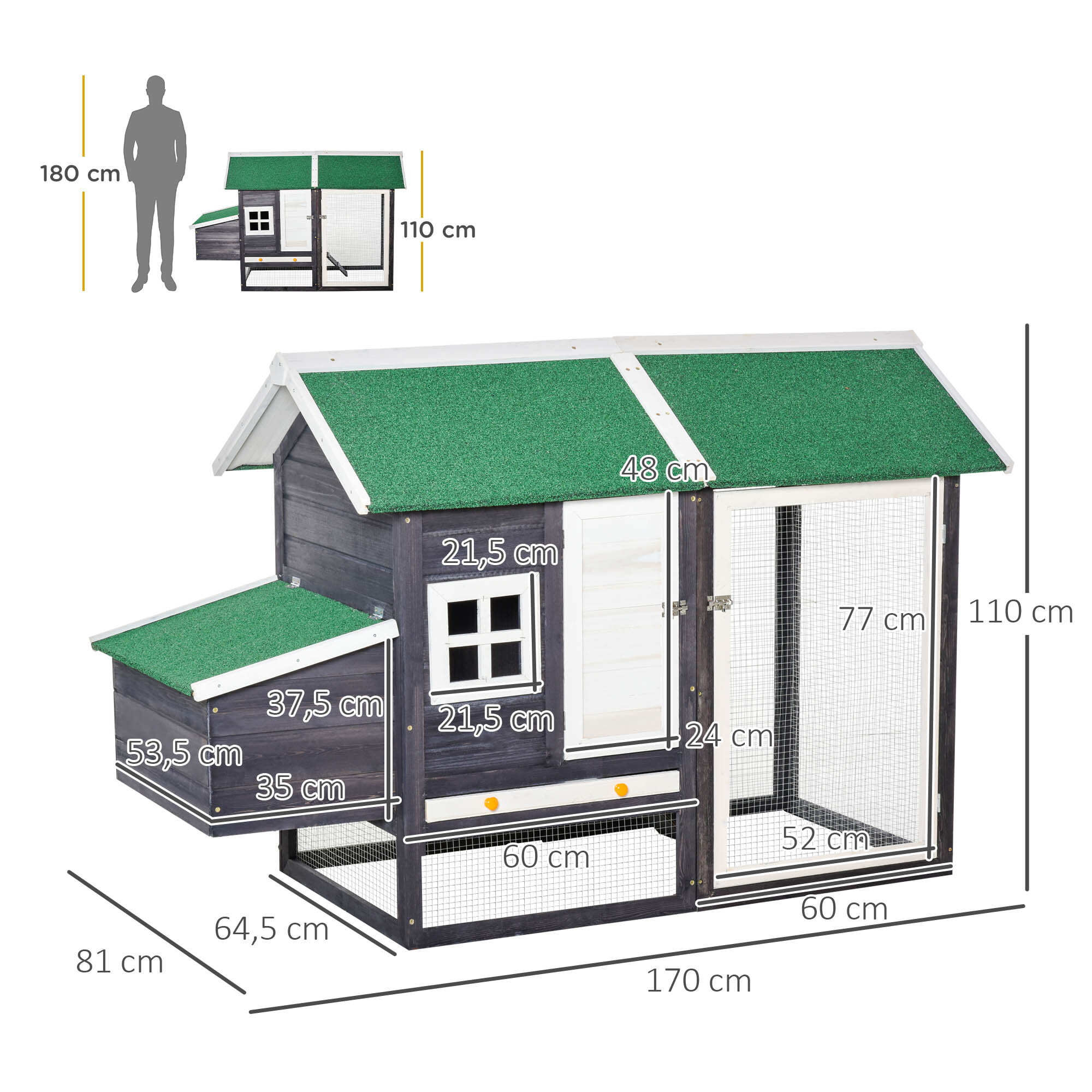 Gallinero de Madera Exterior Jaula Cercada para Gallinas con Caja Nido Corral de Metal Techo Asfáltico Bandeja Extraíble Ventana y Rampa 170x81x110 cm Gris