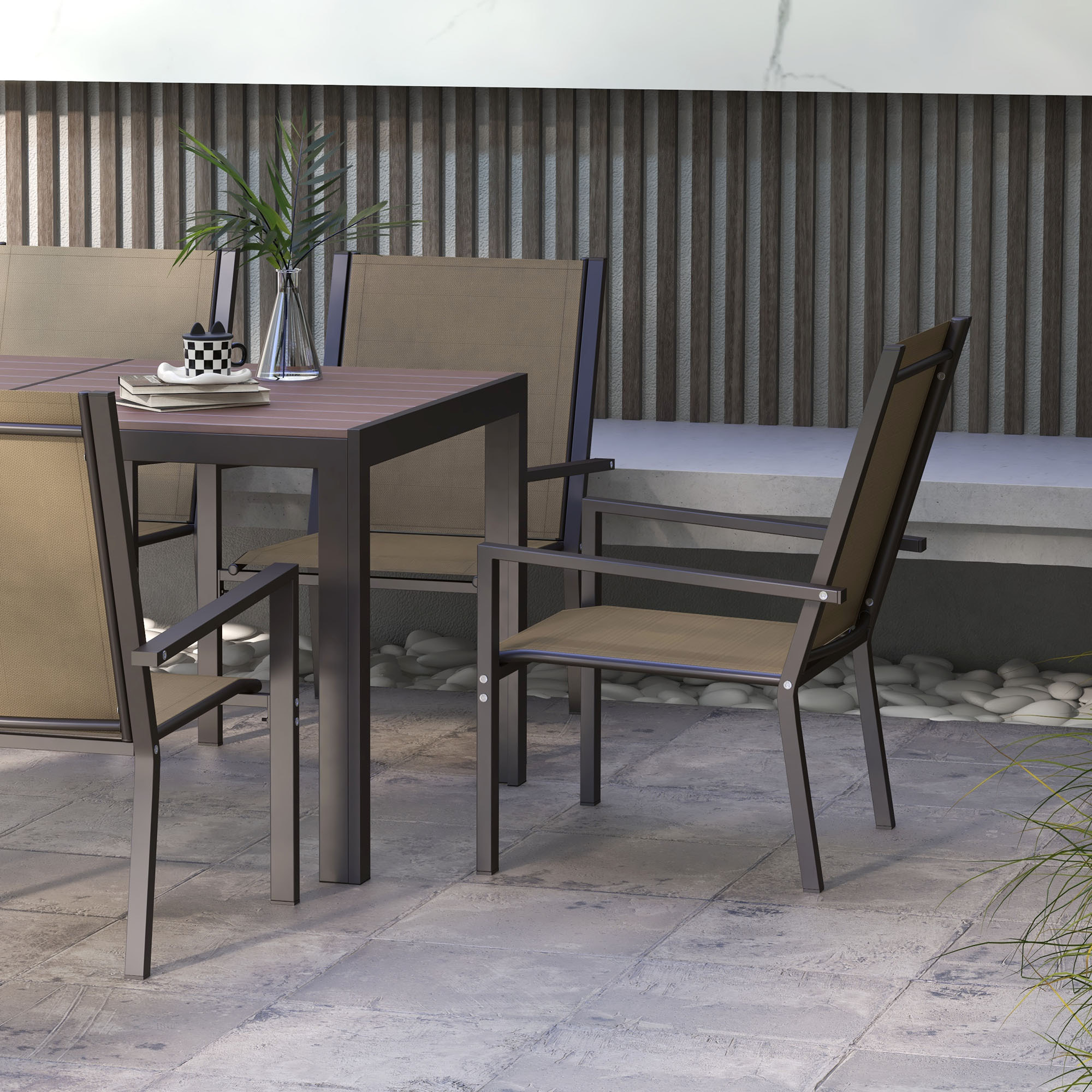 Outsunny Conjunto de Comedor de Exterior de 7 Piezas Conjunto de Mesa y 6 Sillas de Jardín con Sillas Apilables y Marco de Acero para Terraza Patio Caqui