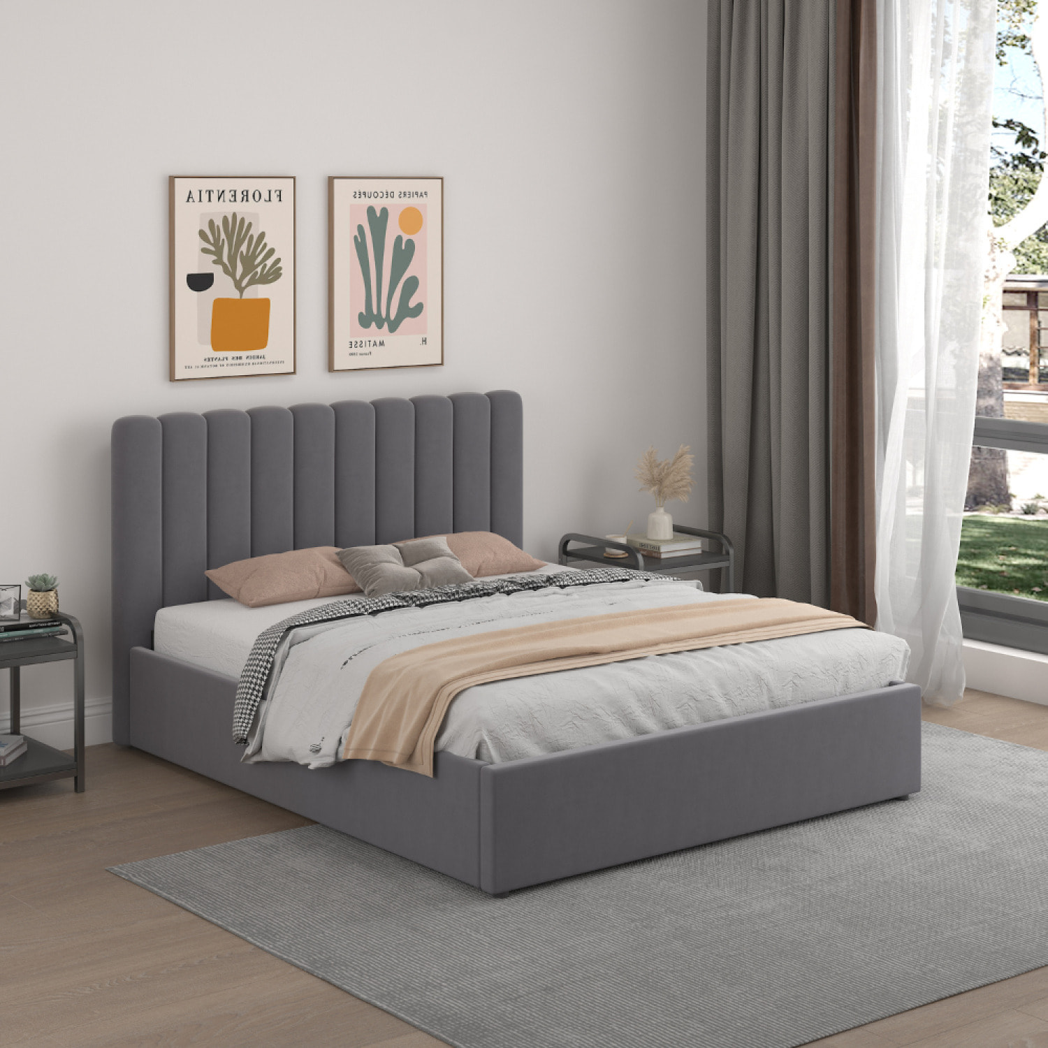 LEANA Lit avec coffre de rangement 140x190cm velours gris foncé