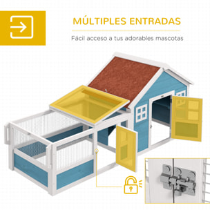 Conejera Exterior de Madera 162,5x59,2x77,6 cm Jaula para Conejo Grande con 2 Ventanas de Decoración 2 Ruedas 1 Puerta 1 Rampa y Techo de Asfalto Azul