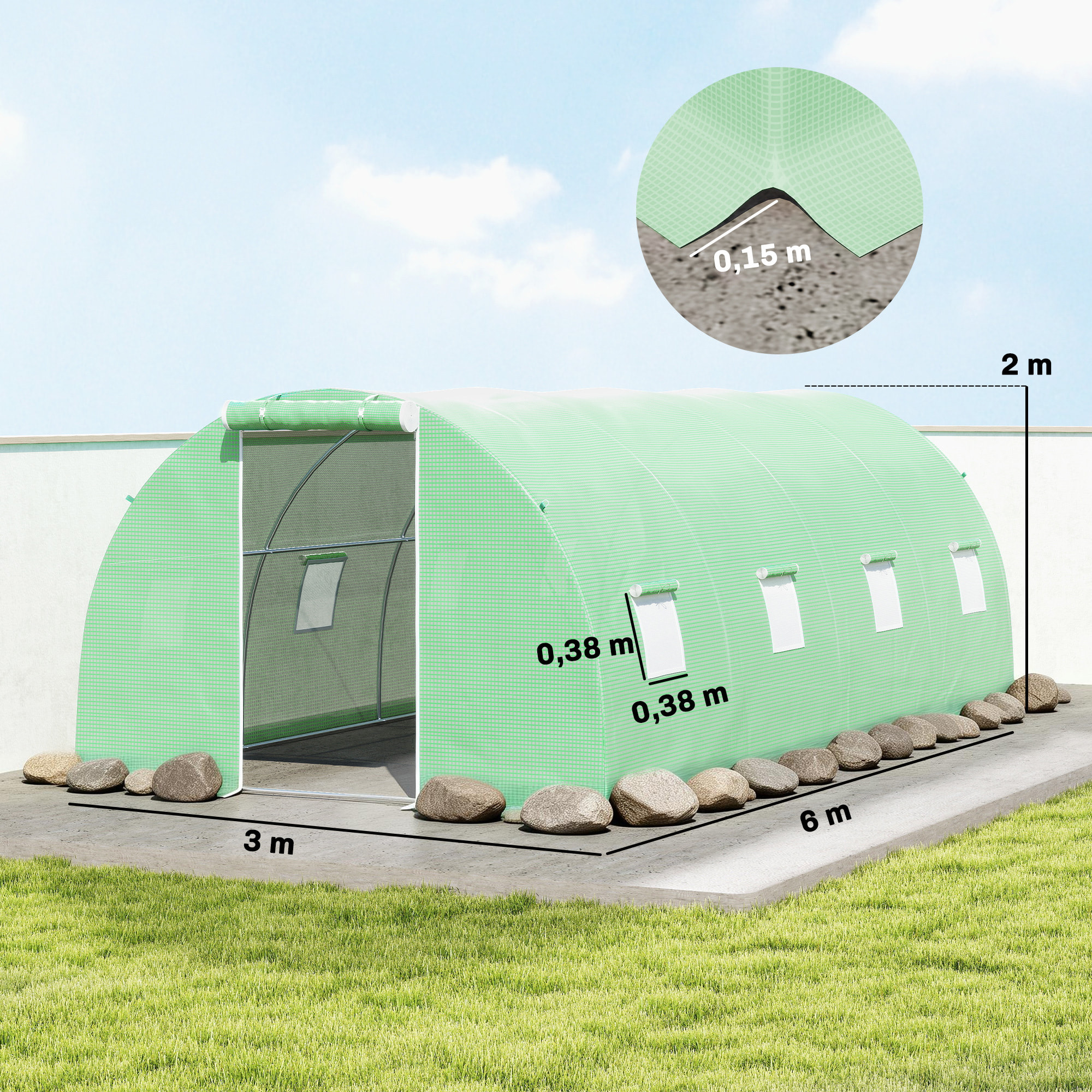Invernadero de Exterior 6x3x2 m, Invernadero de Túnel con Puerta Enrollable, 8 Ventanas de Malla, Cubierta PE 140g/m² y Marco de Acero Galvanizado, Anti-UV, Impermeable, para Cultivos, Verde