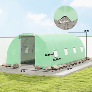 Invernadero de Exterior 6x3x2 m, Invernadero de Túnel con Puerta Enrollable, 8 Ventanas de Malla, Cubierta PE 140g/m² y Marco de Acero Galvanizado, Anti-UV, Impermeable, para Cultivos, Verde